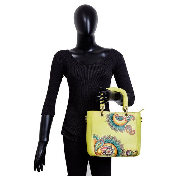 Yellow Top Handle Handbag for Ladies, Hand painted Leather Crossbody Bag, Purse - Picture 9 of 9